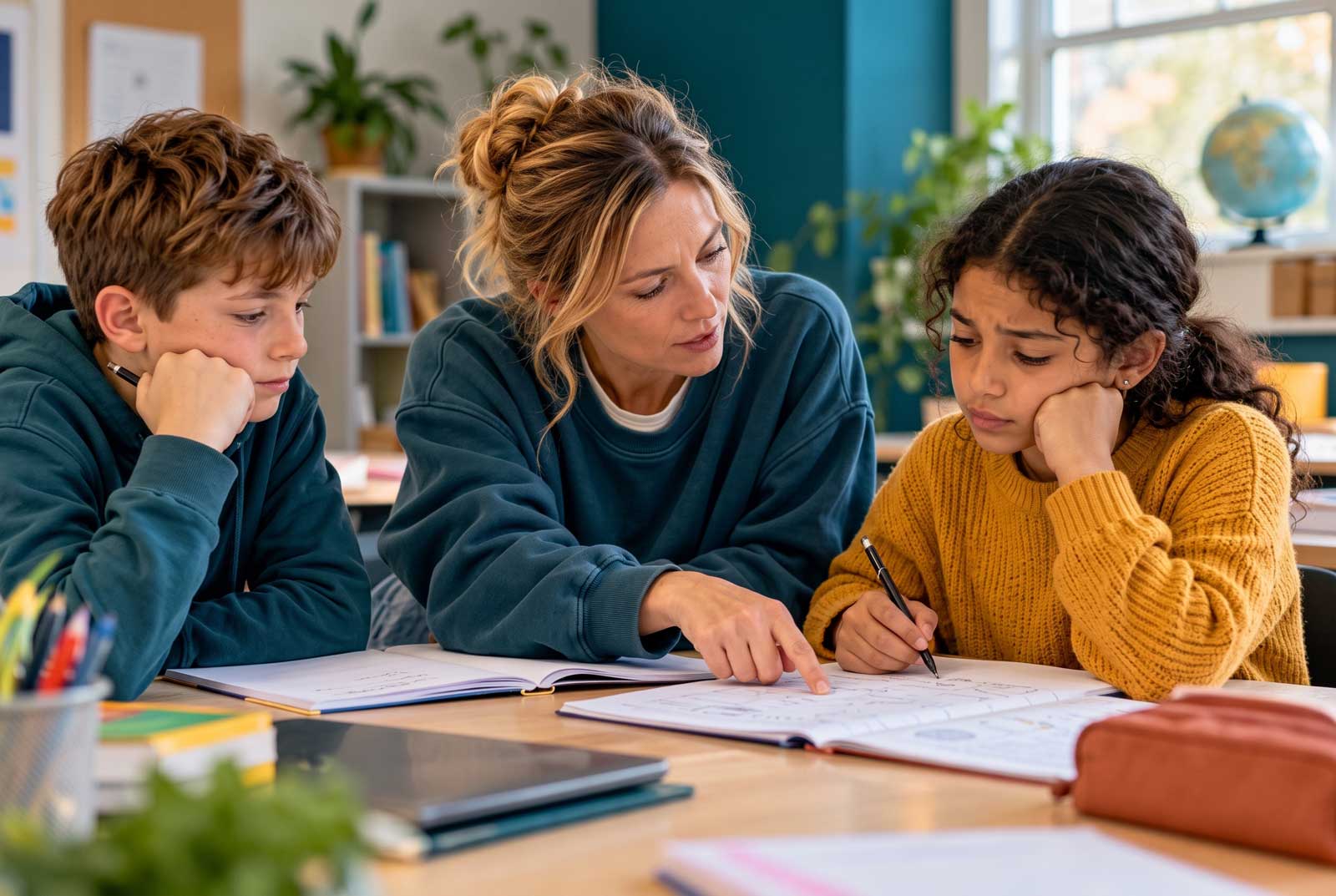 Begeleider helpt kinderen met schoolwerk