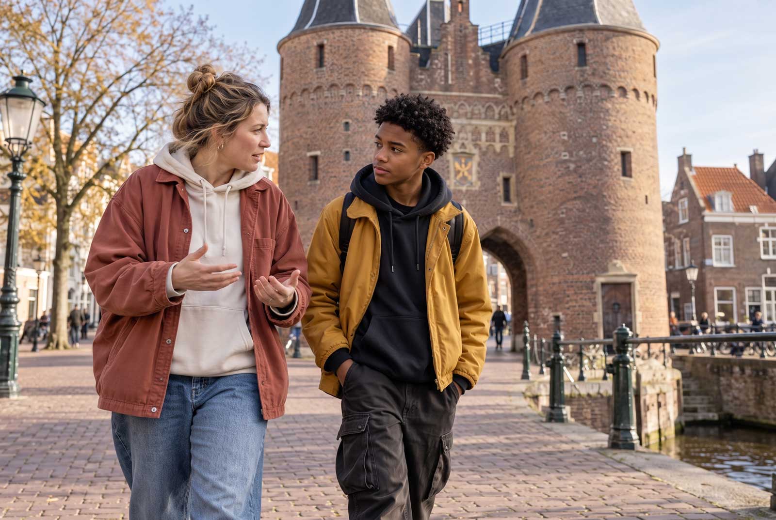 Begeleider en jongere lopen samen door de stad