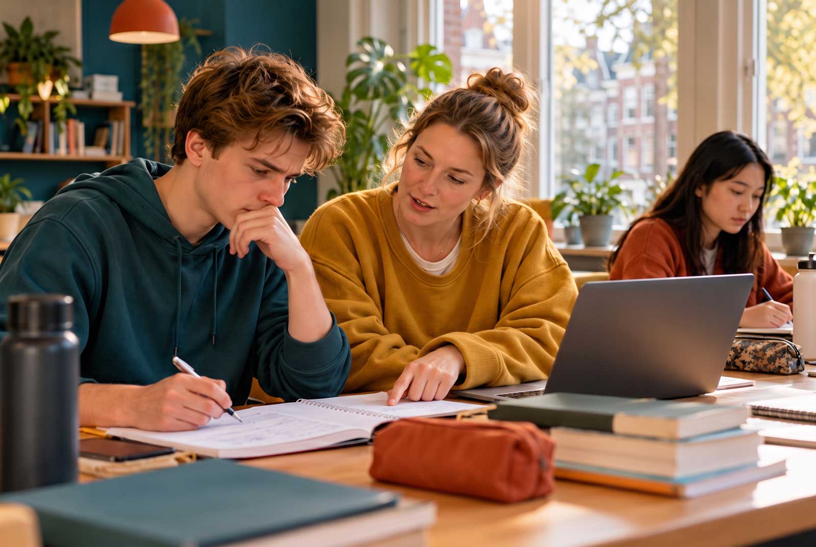 Begeleider leert samen met jongeren aan tafel