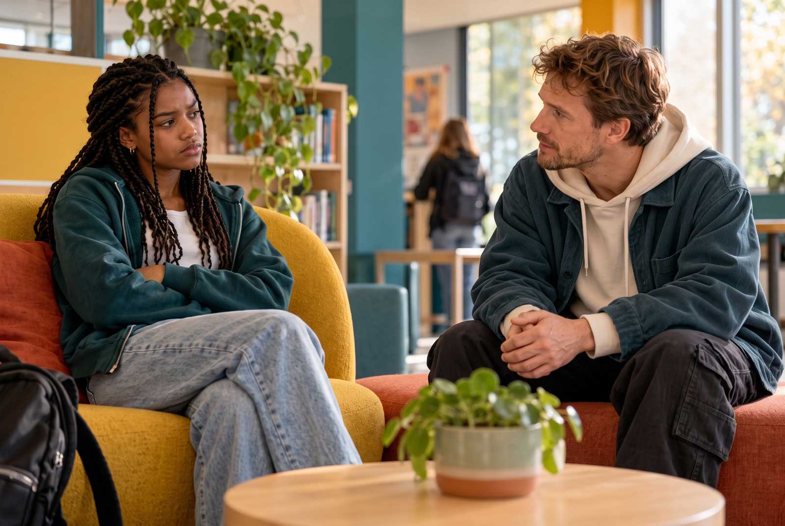 Begeleider in een-op-een gesprek met een jongere