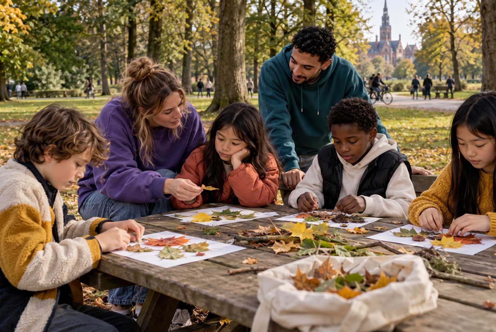 Begeleiders en kinderen maken samen een bladerenkunstwerk in het park
