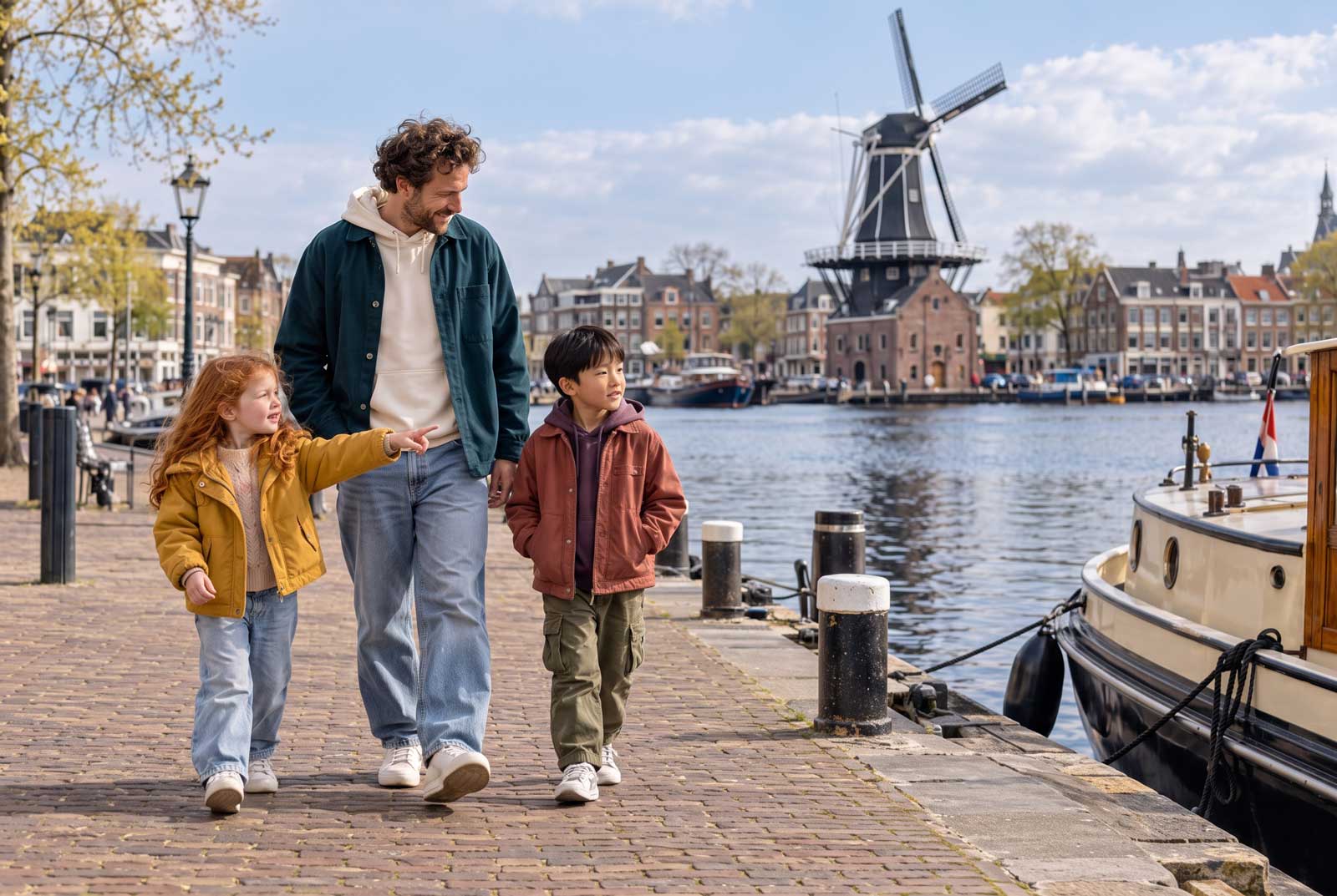 Vader en twee kinderen wandelen langs het water bij de molen