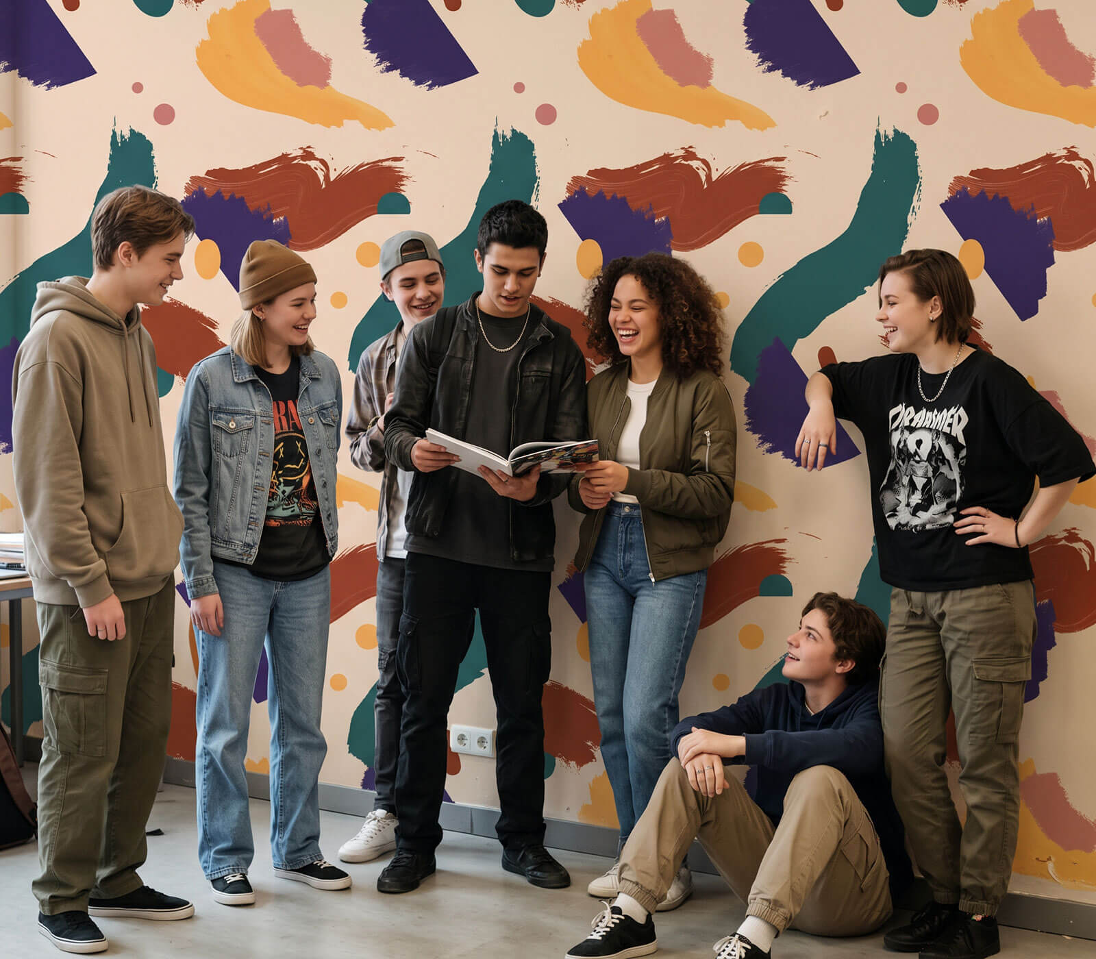 Groep lachende jongeren voor een kleurrijke muur