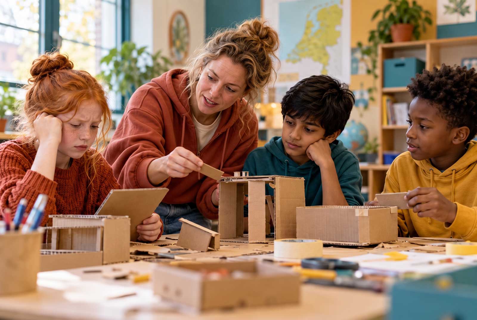 Begeleider bouwt met kinderen aan een knutselproject in de klas