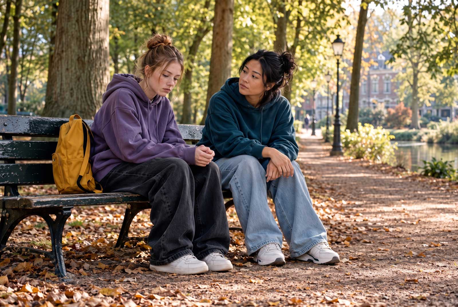 Begeleider in gesprek met een jongere op een bankje in het park