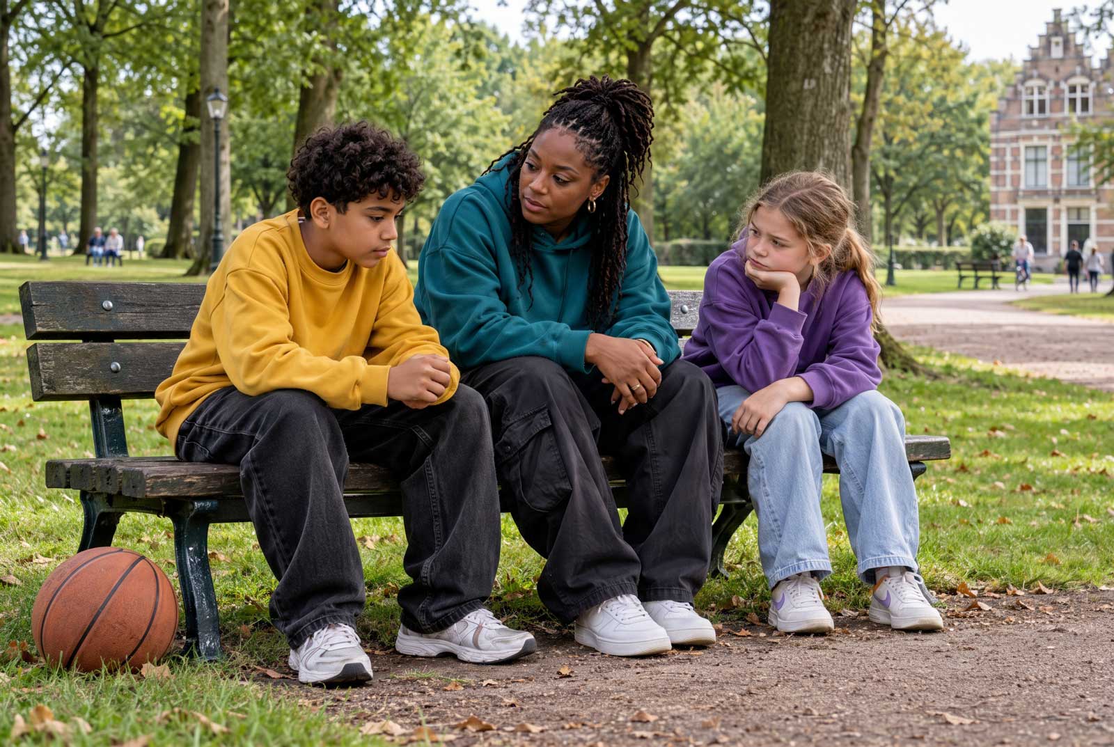 Begeleider in gesprek met twee jongeren op een bankje in het park