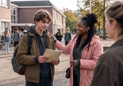Jongere met zijn diploma op het schoolplein
