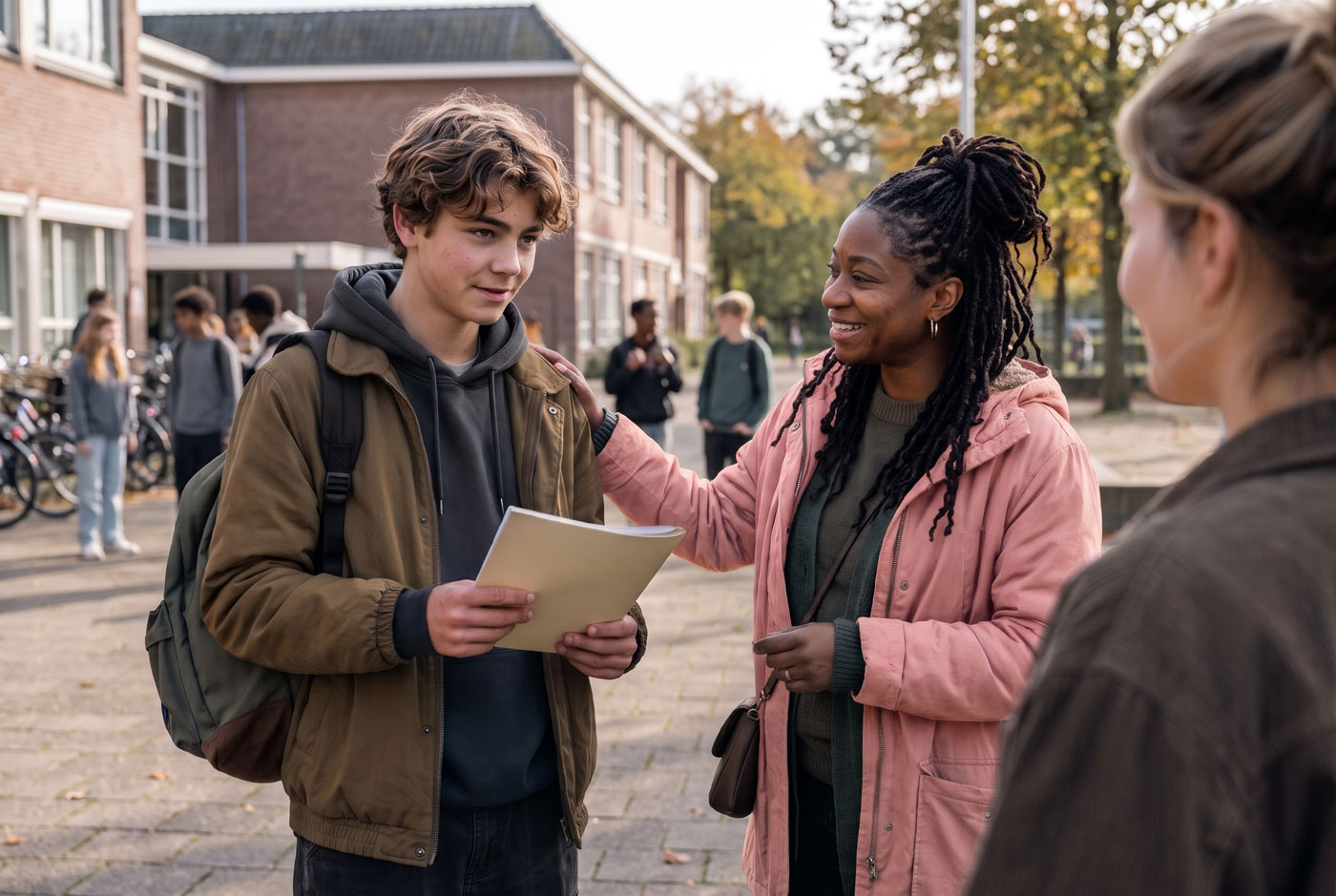 Jongere met zijn diploma op het schoolplein