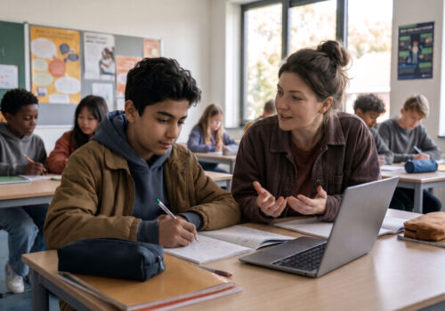 Begeleider ondersteunt een jongere in de klas