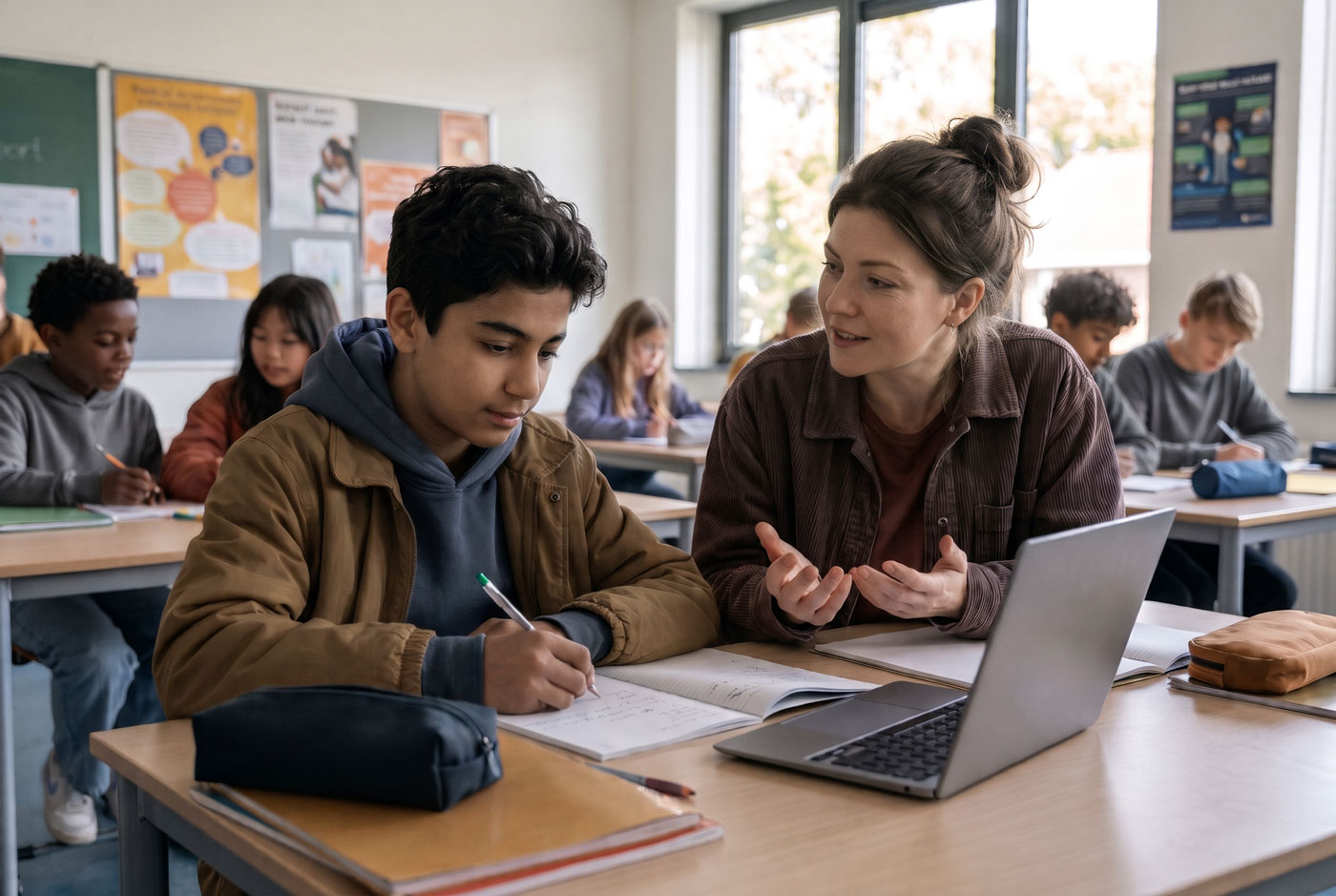 Begeleider ondersteunt een jongere in de klas