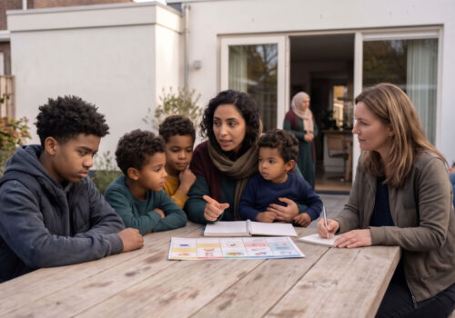 Moeder met vier kinderen en een begeleider aan tafel in de tuin