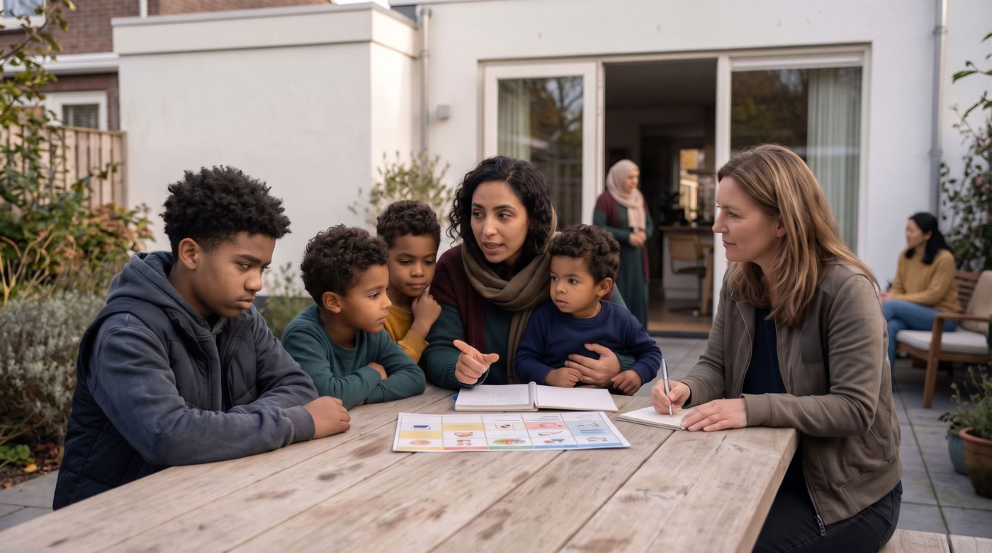Moeder met vier kinderen en een begeleider aan tafel in de tuin
