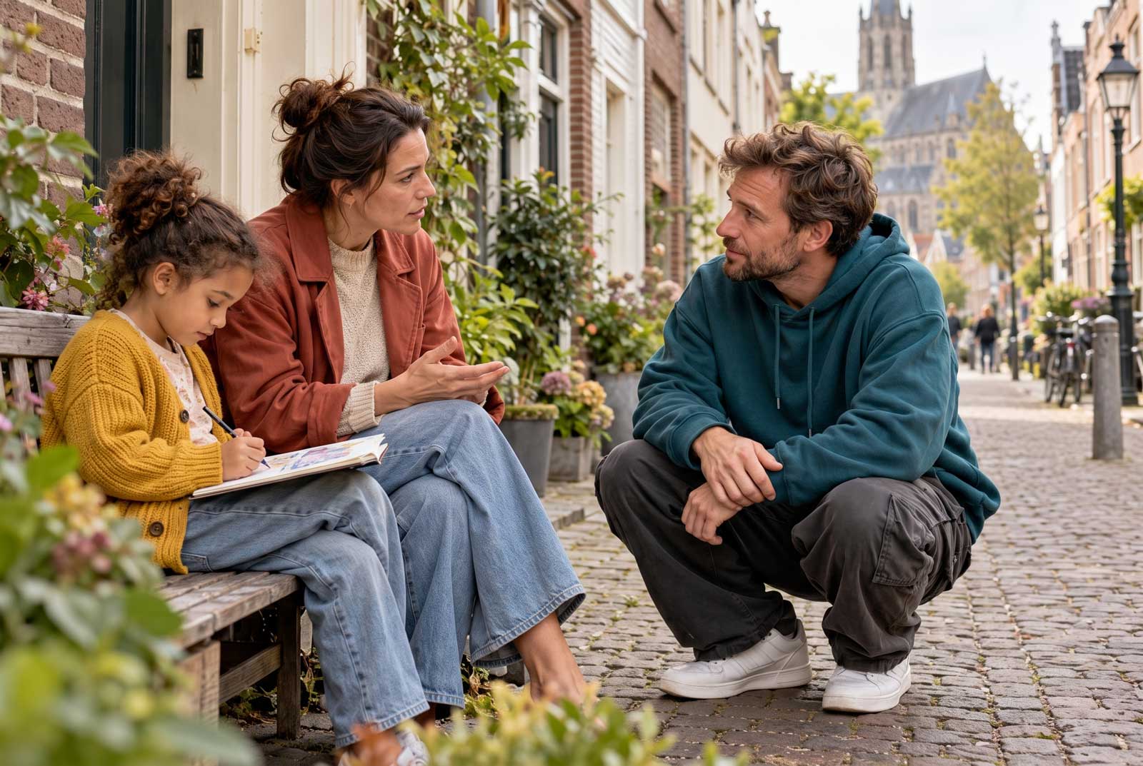 Begeleiders in gesprek met een kind op een bankje in de straat